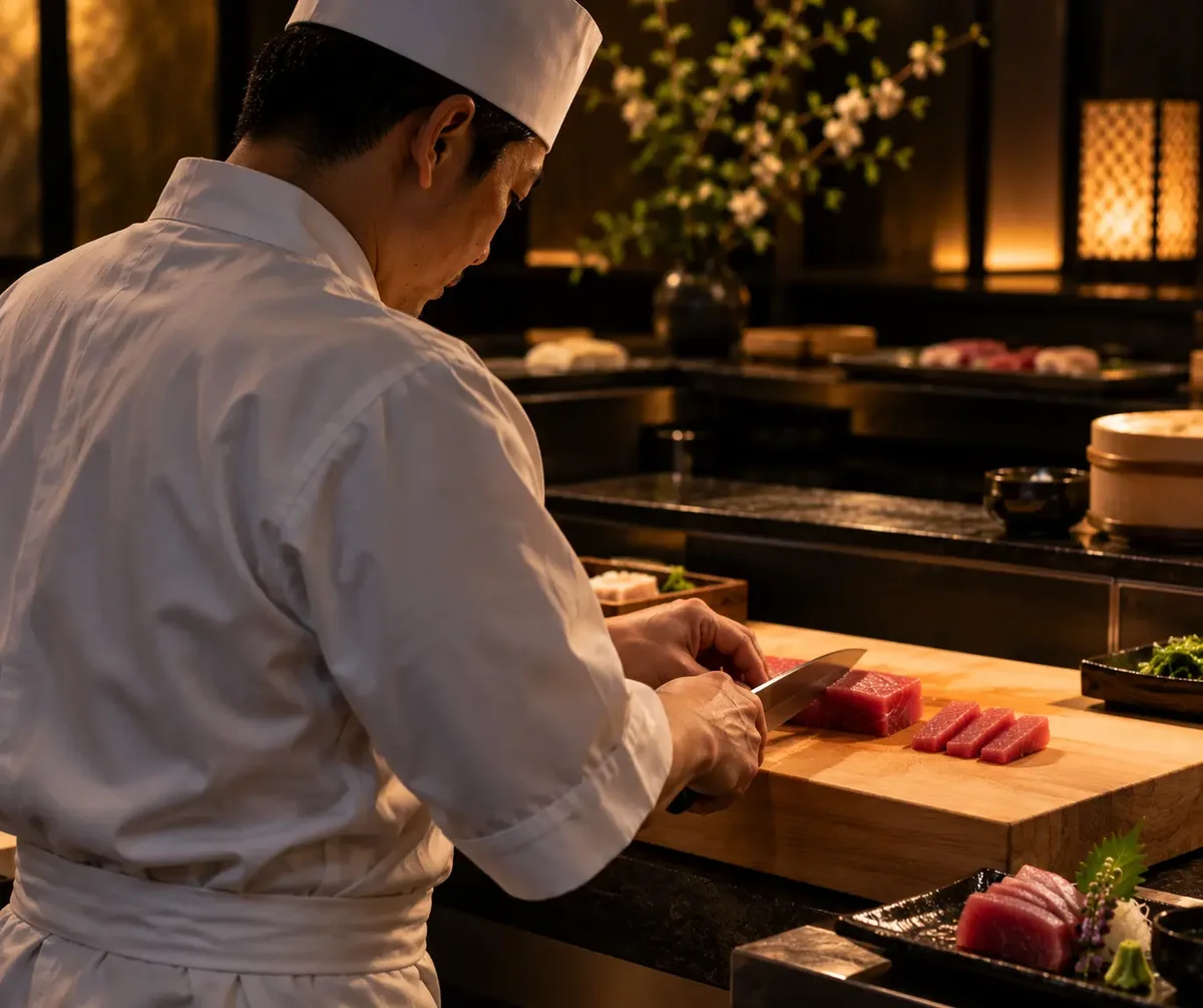 Sushi chef slicing fresh tuna in the kitchen