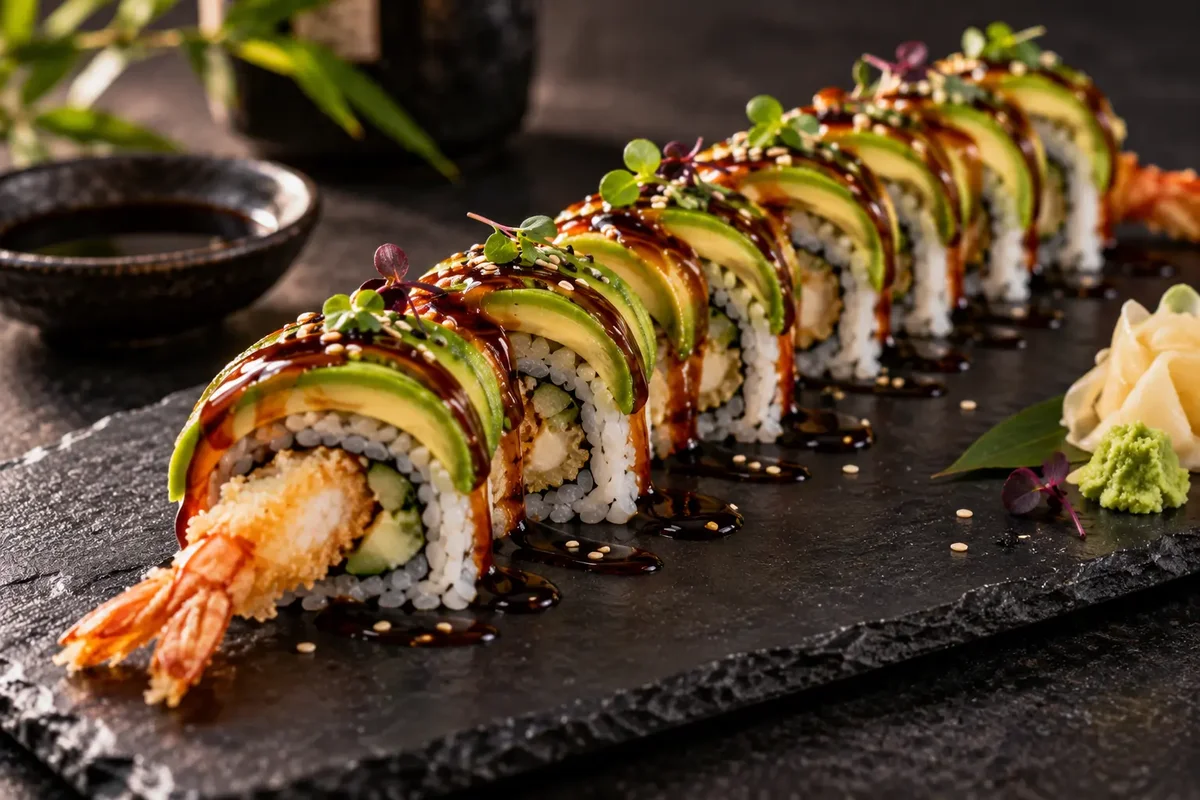 Dragon roll with tempura shrimp and avocado