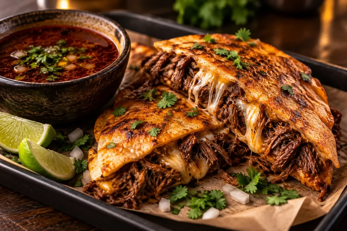 Birria quesadilla with melted cheese and consommé
