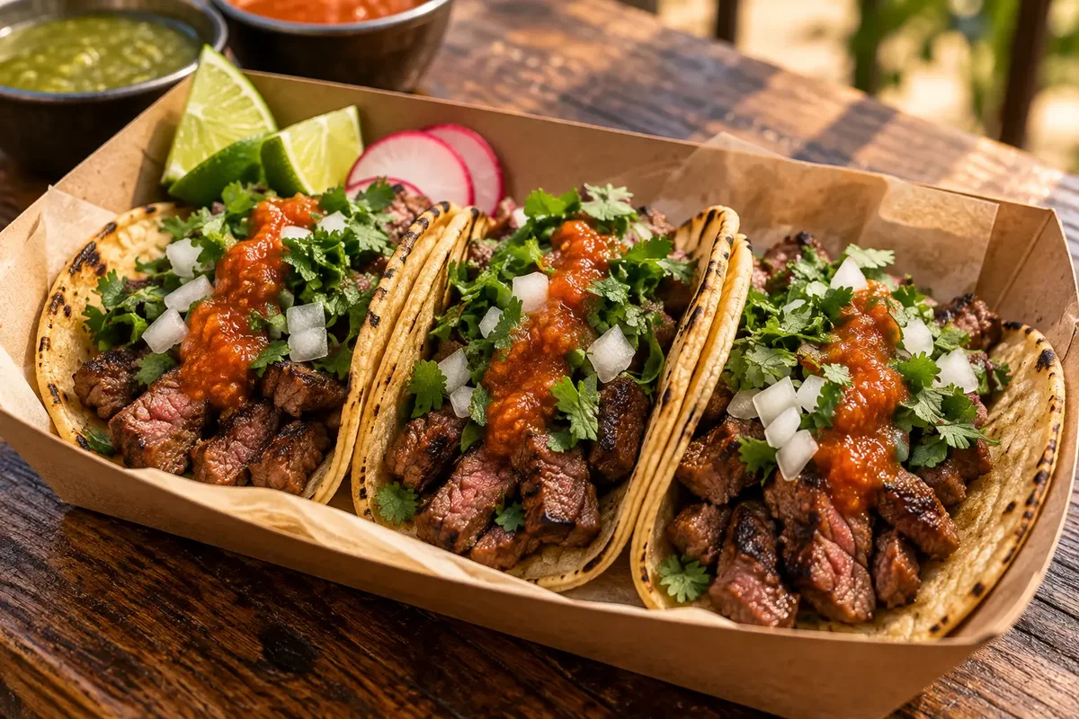 Carne asada tacos with cilantro and onion