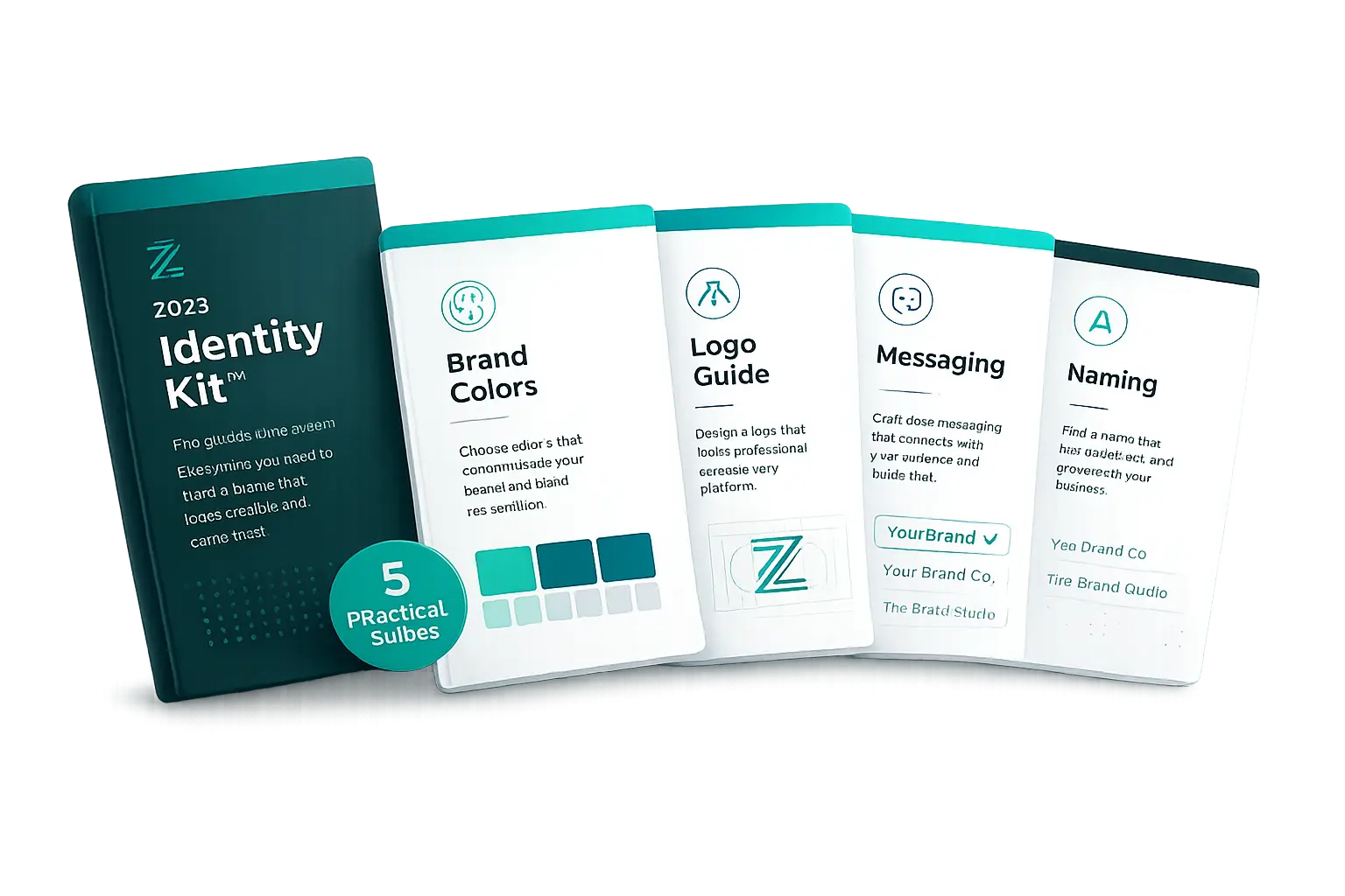 Identity Kit guide covers: Business Name Worksheet, Brand Colors Guide, Logo Guide, Brand Voice Guide, and Identity Workbook