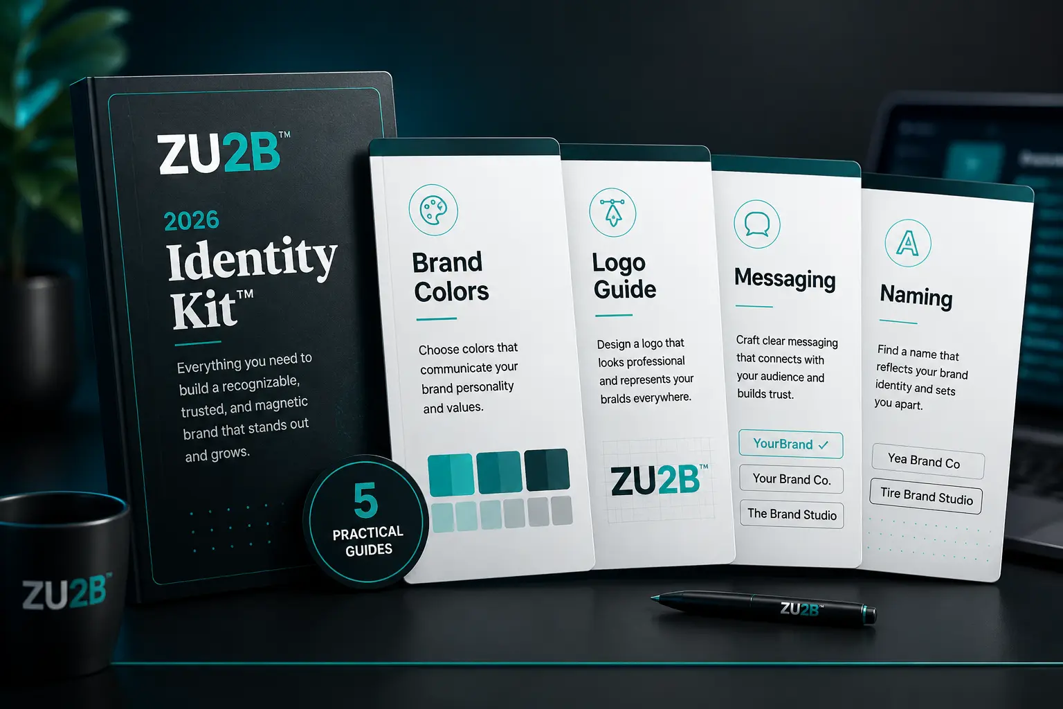 Identity Kit guide covers: Business Name Worksheet, Brand Colors Guide, Logo Guide, Brand Voice Guide, and Identity Workbook